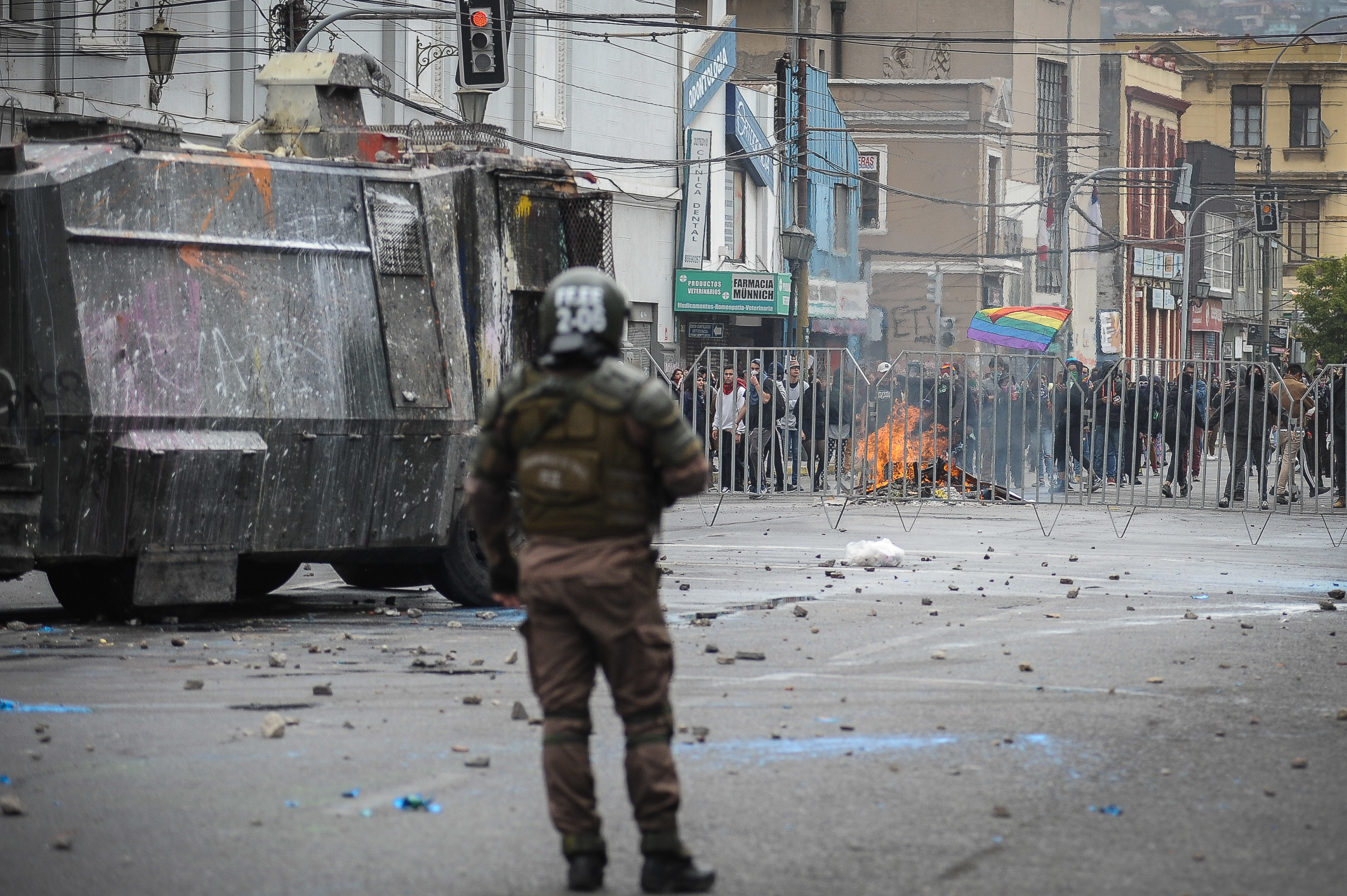 Principal avenue in Valparaiso, just few meters from Chilean National Congress, place where people carrying stones in their hands, faced police special group, trying to gets Congress front gate.