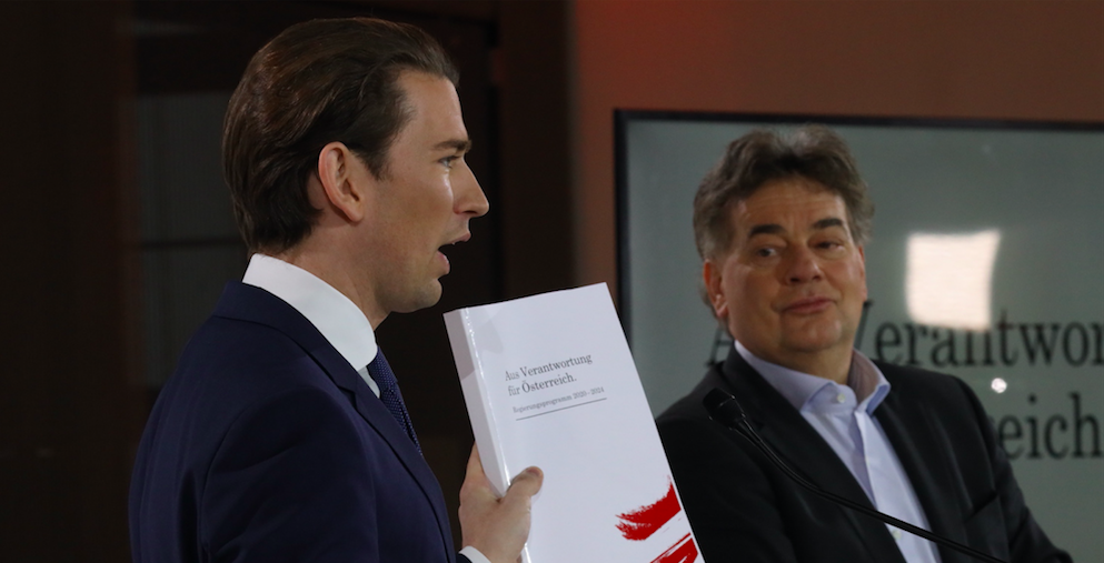 Foto: Kurz und Kogler bei der Präsentation des Koalitionsvertrages