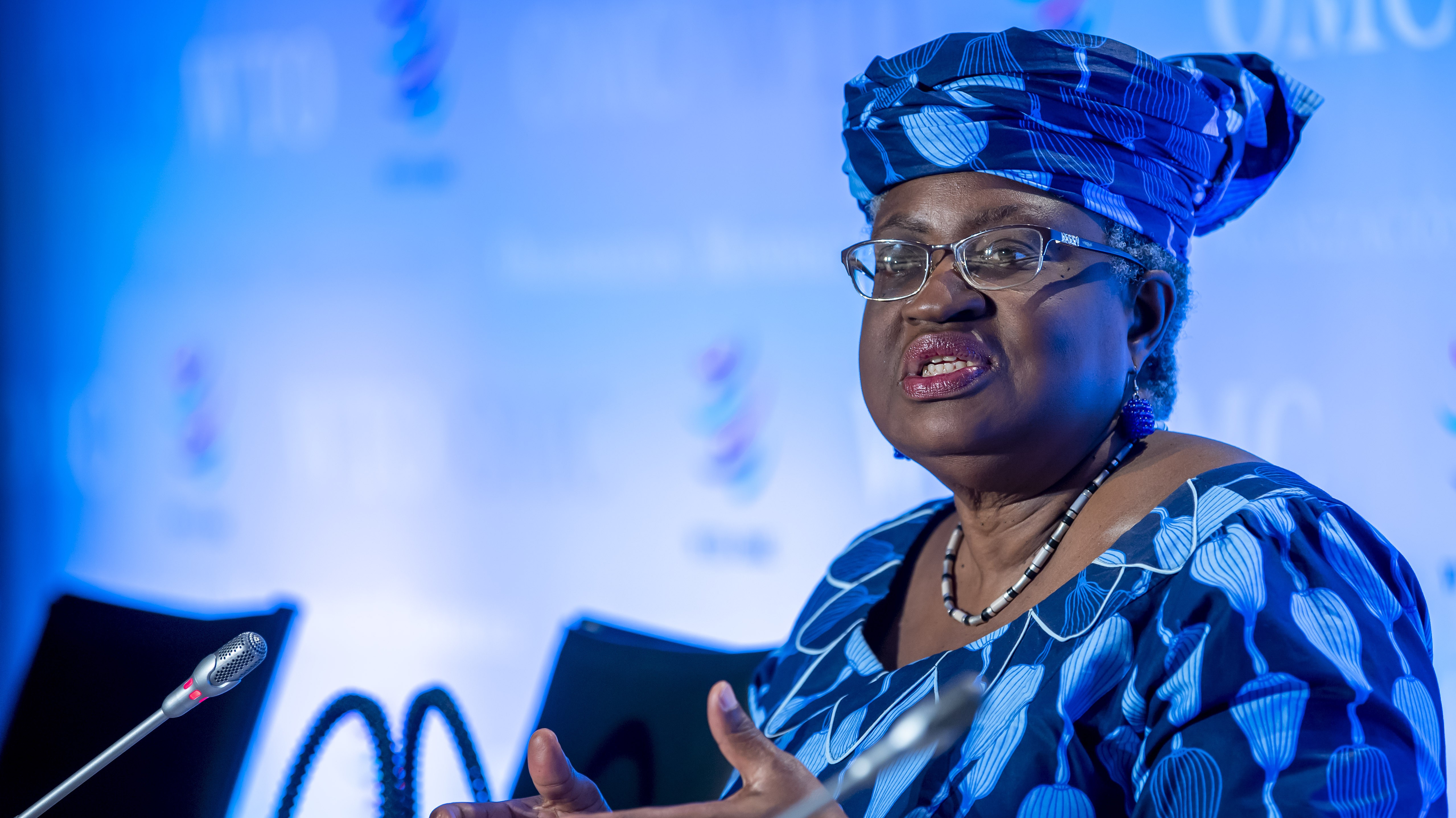 Ngozi Okonjo-Iweala bei einer Pressekonferenz im Hauptquartier der WTO