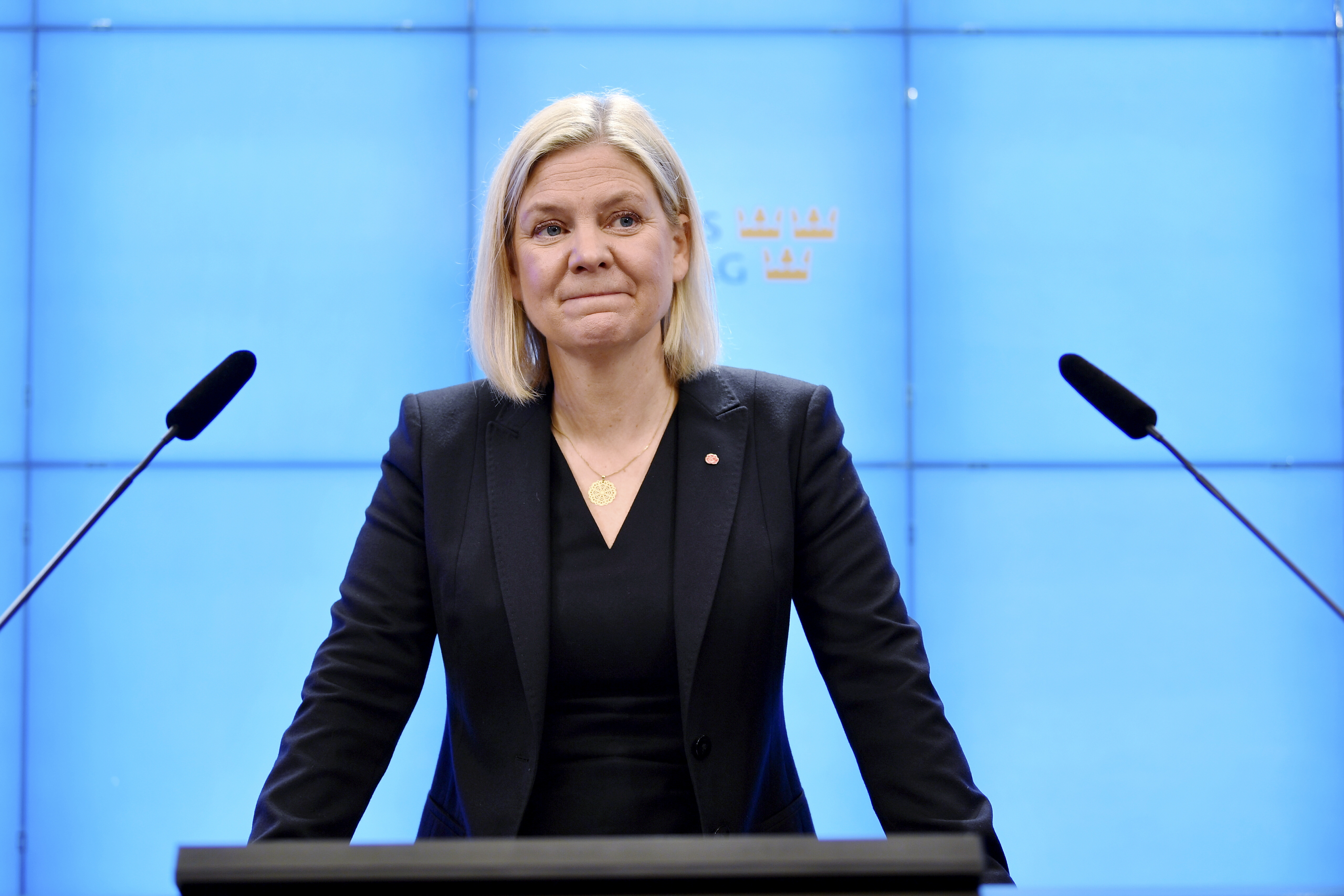 Die Vorsitzende der Sozialdemokratischen Partei, Magdalena Andersson bei einer Pressekonferenz. 