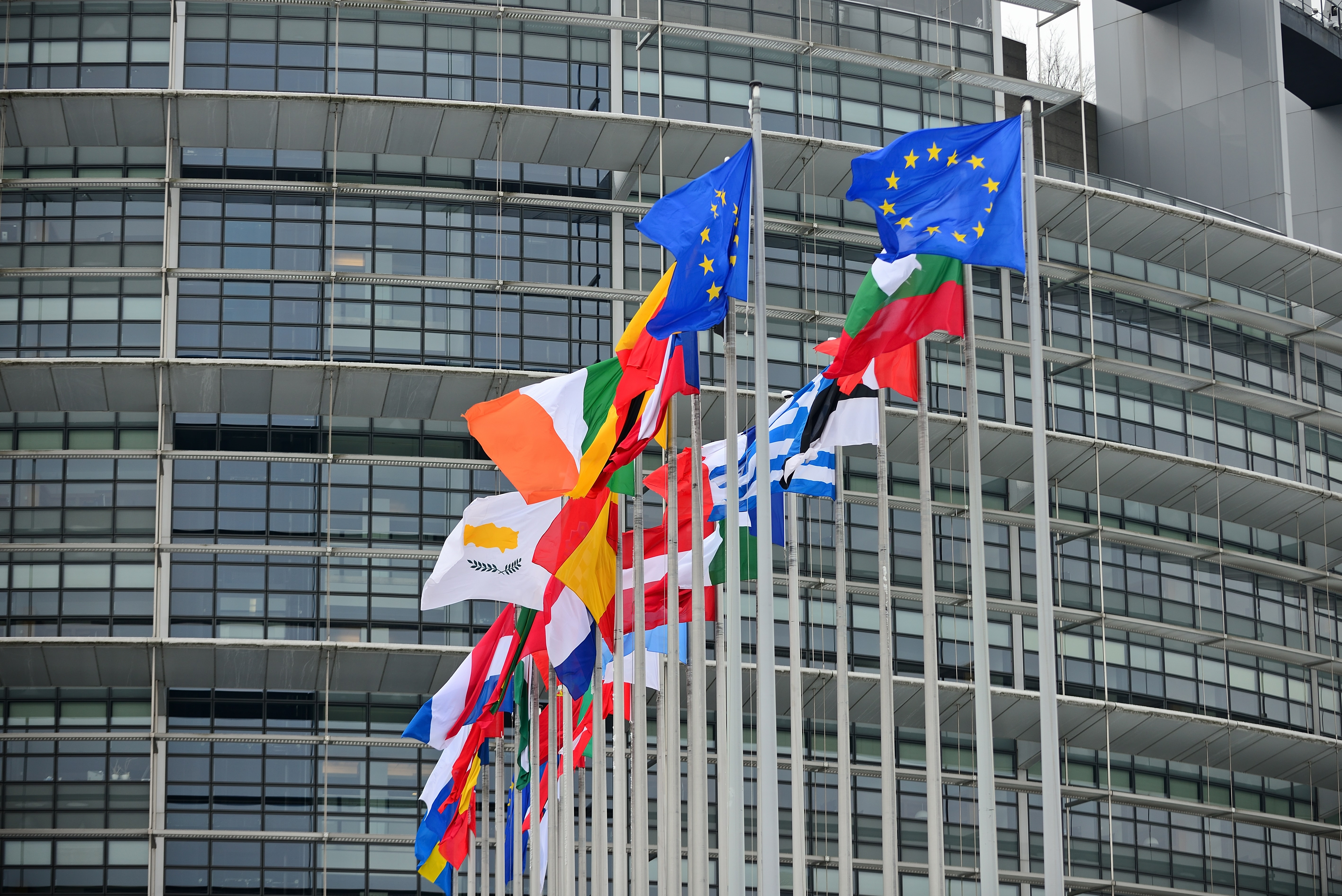 Flaggen der europäischen Mitgliedsstaaten vor dem Louise-Weiss Gebäude, dem Sitz des EU Parlaments im französischen Straßburg.
