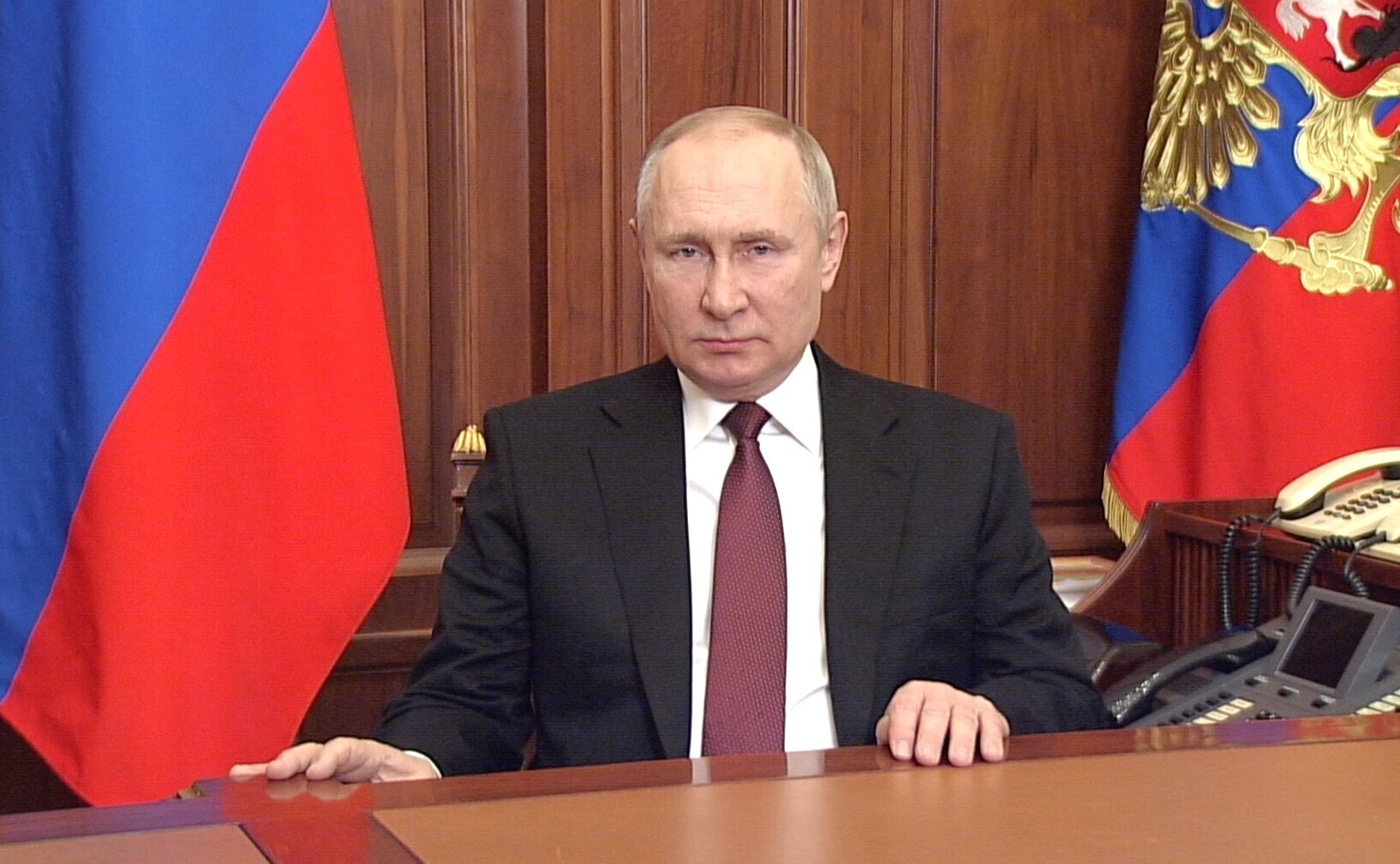 Russian President Vladimir Putin speaks about Russia's military operation in Ukraine, in Moscow, Russia.