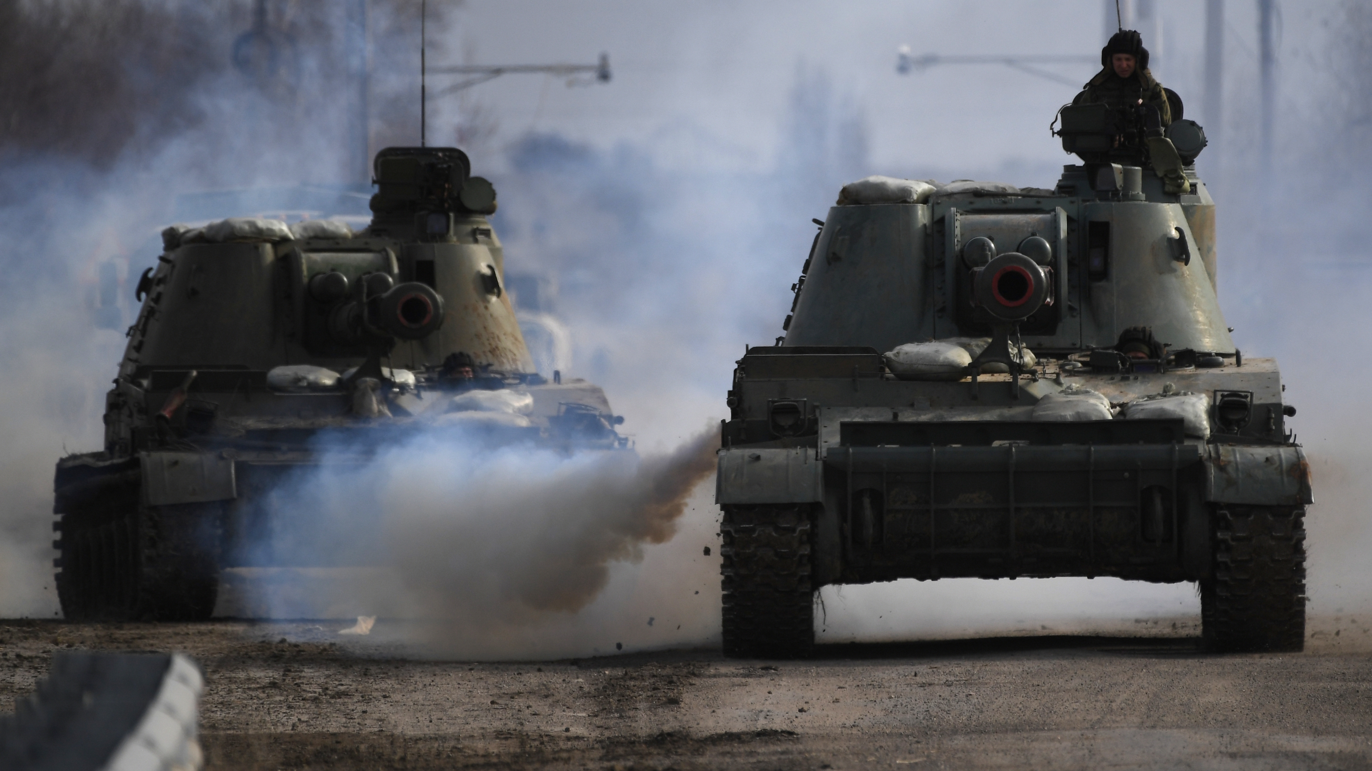 24.02.2022 Armoured vehicles drive along a road in Armyansk in the northern part of Crimea, Russia. 