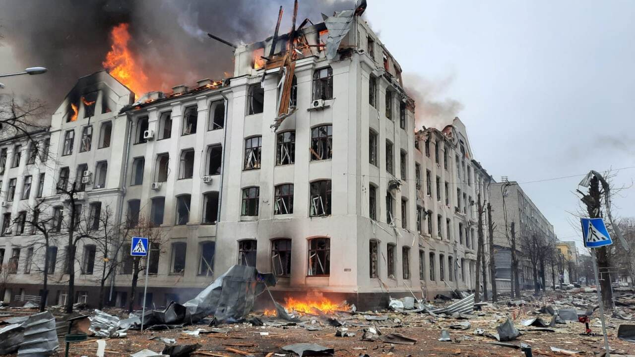 Beschädigtes Haus in Kharkiv in der Ukraineam 2. März 2022 