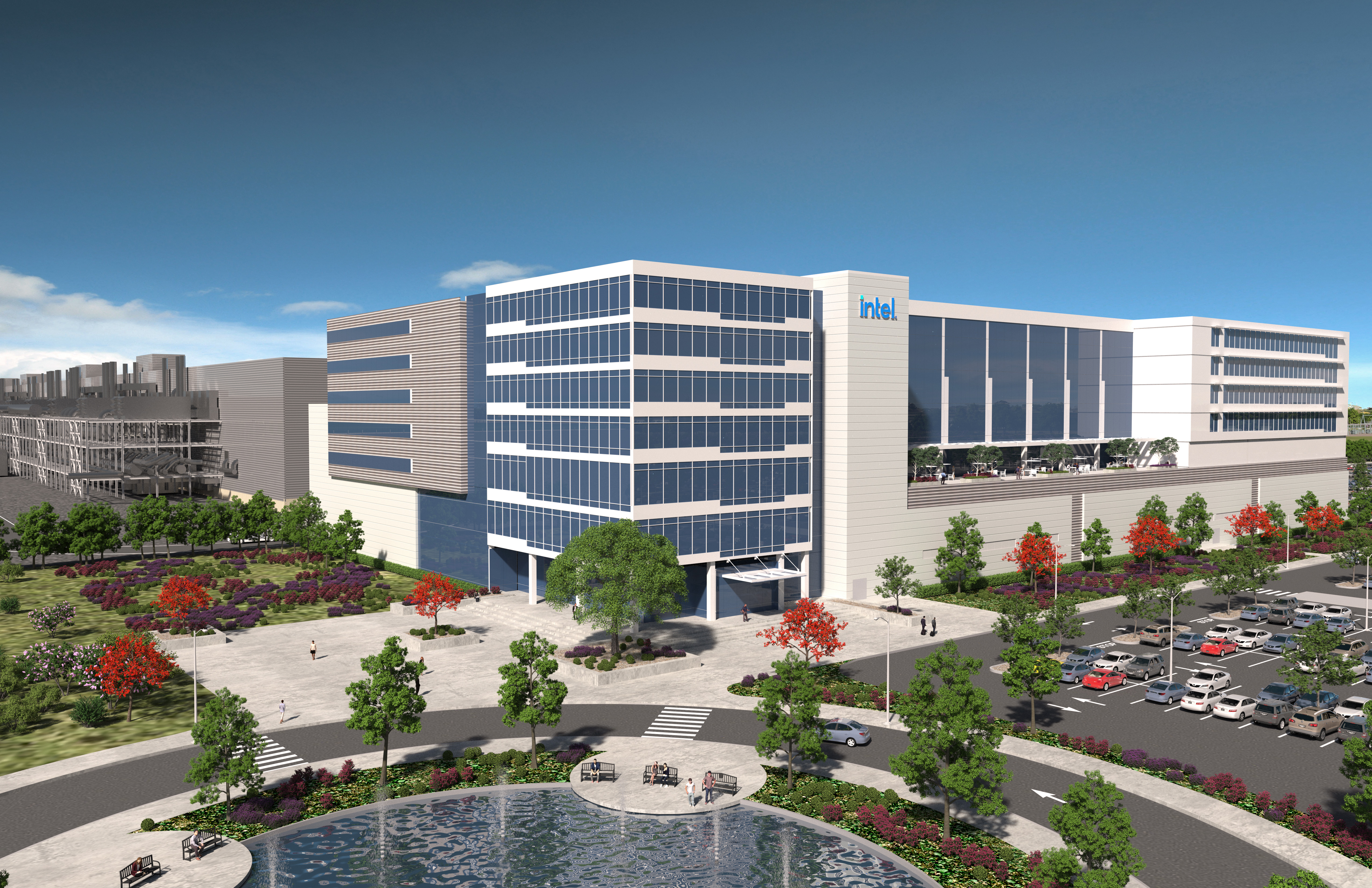 So wie in dieser Computergrafik soll die Intel-Fabrik in Magdeburg einmal aussehen.