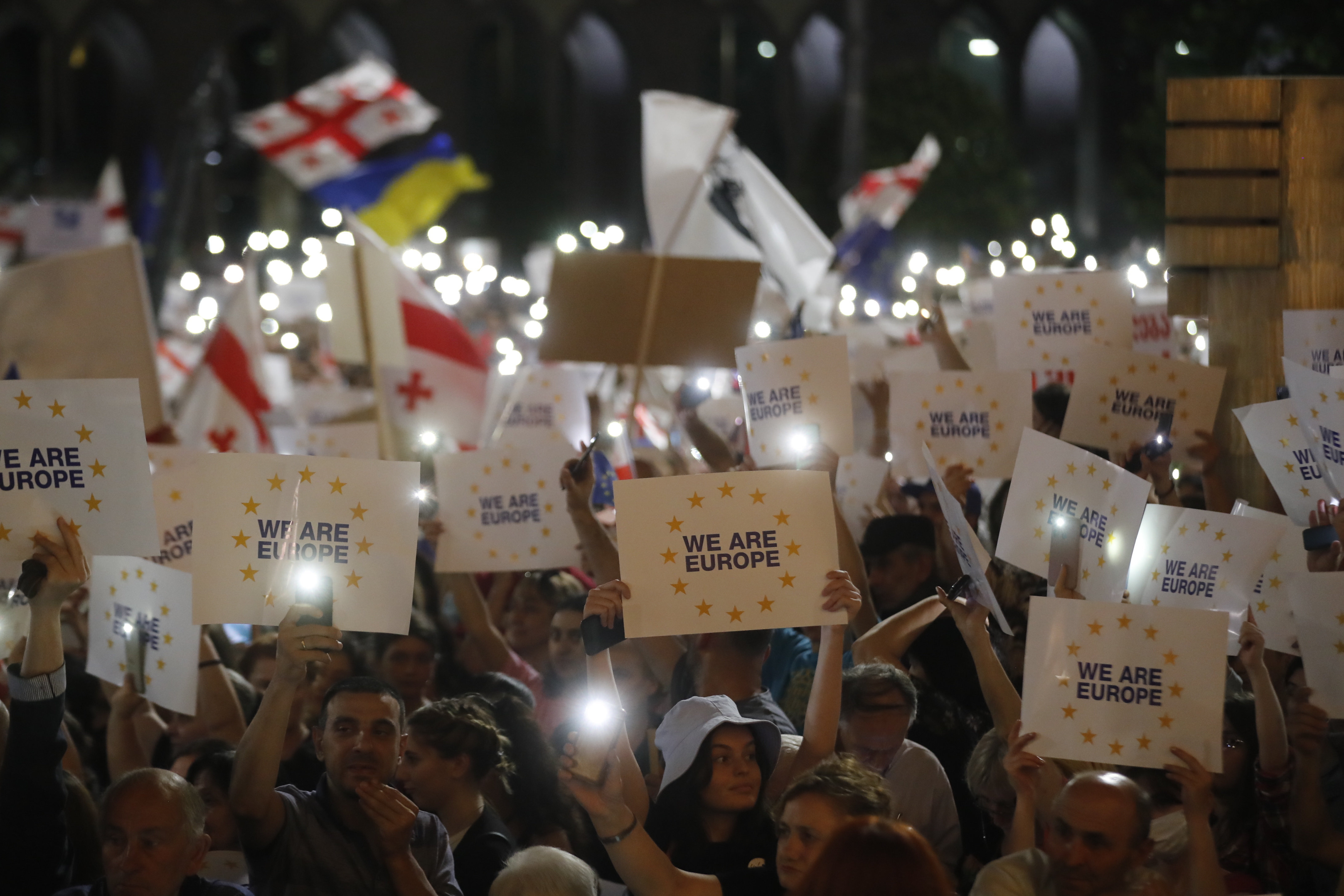  People attend a 'March for Europe' in support of the country's membership in the European Union, in Tbilisi, Georgia, 20 June 2022. 