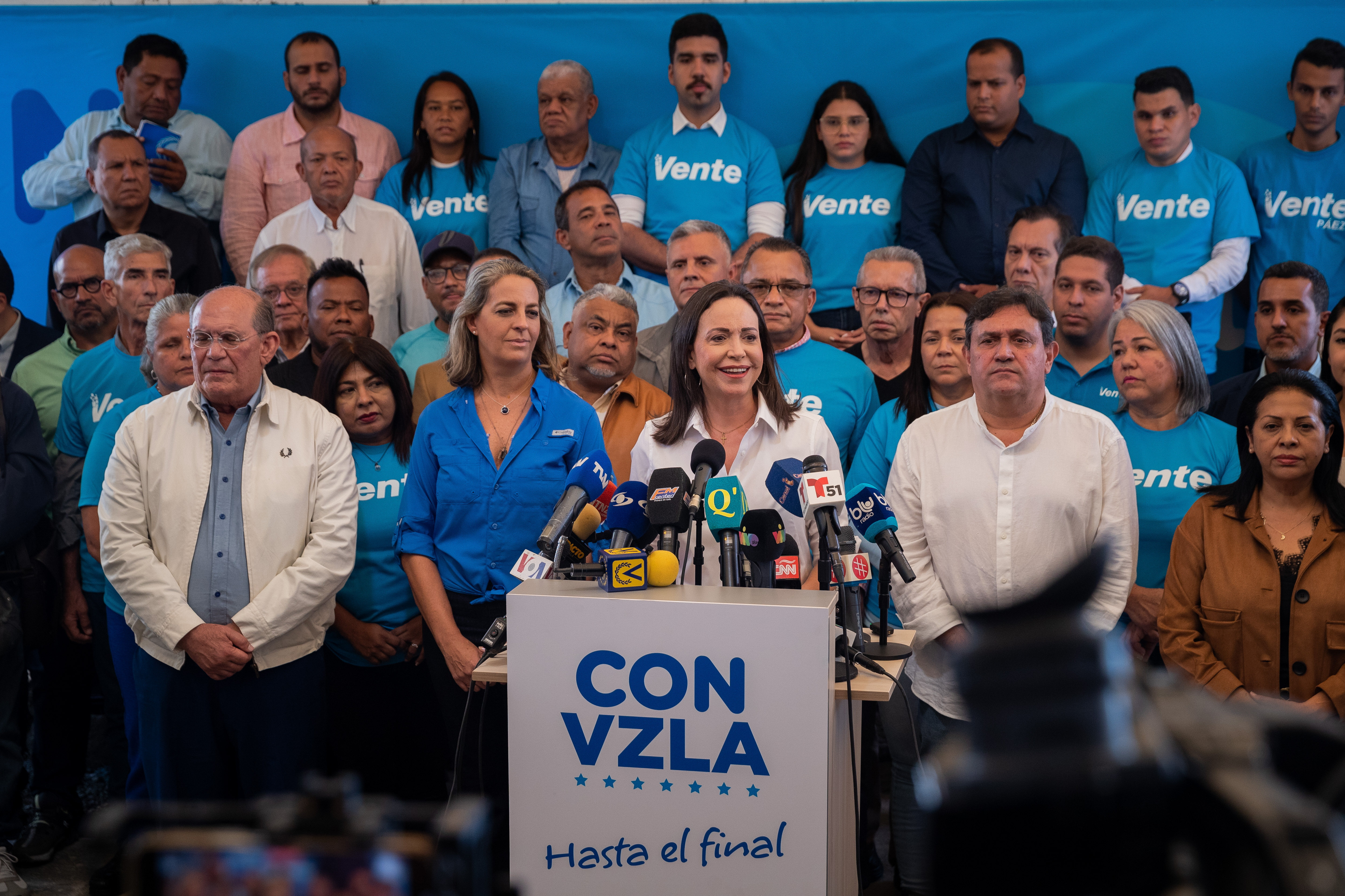 Die Oppositionsaktivistin Maria Corina Machado spricht während einer Pressekonferenz in Caracas, Venezuela