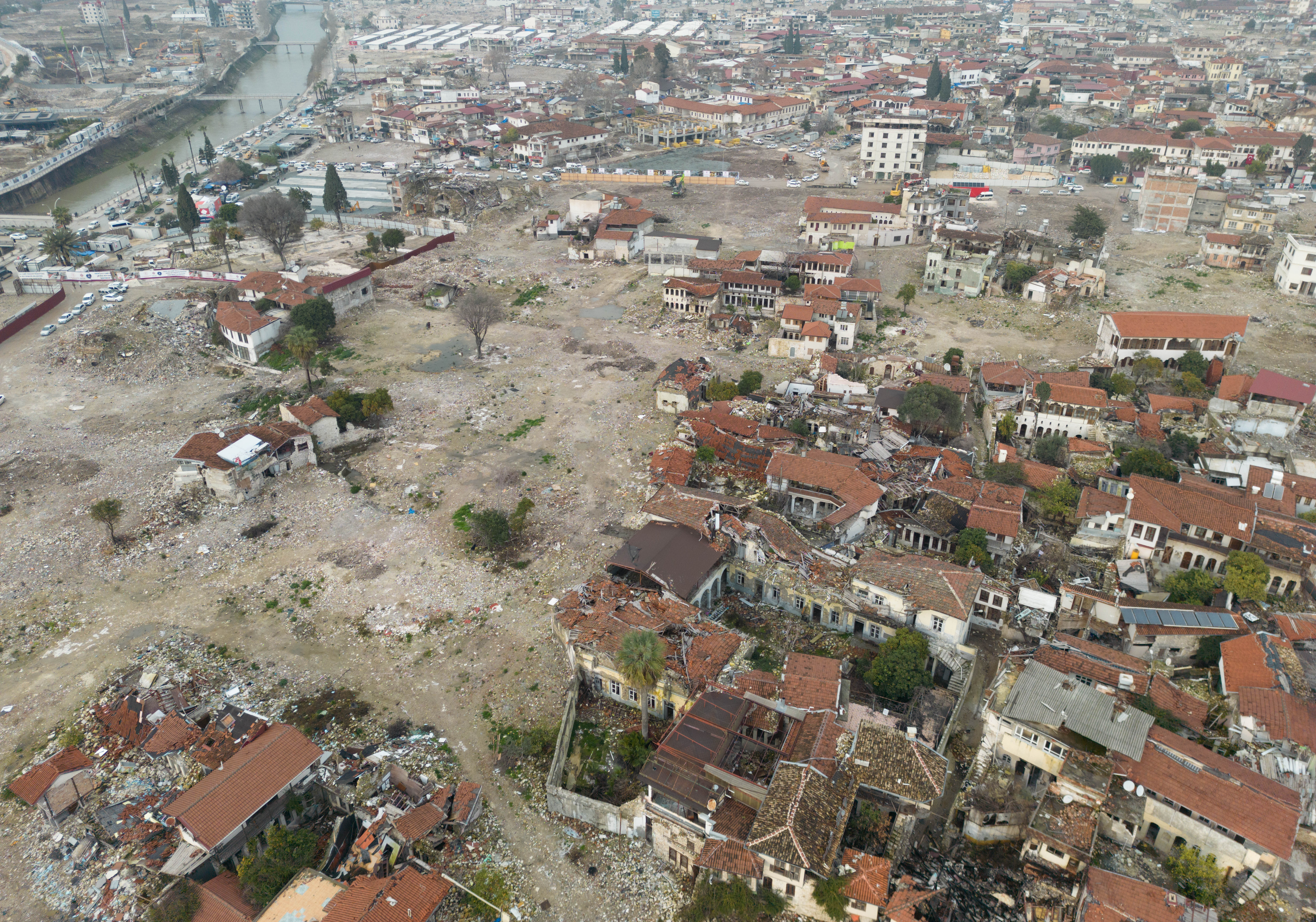 View of ruined houses in the old town centre of Antakya. Numerous houses in the centre of the city were destroyed or severely damaged in the earthquake a year ago.