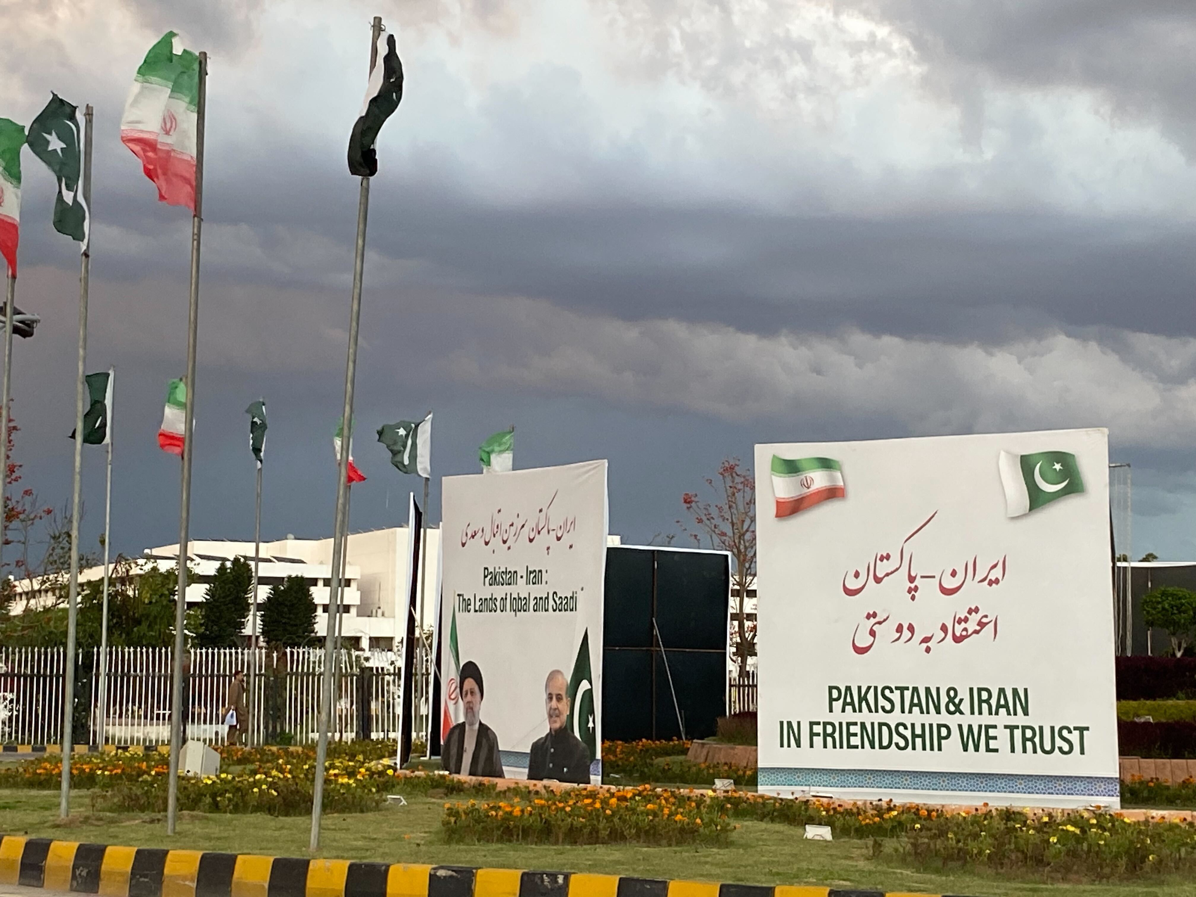 Banners in the D Chowk in front of Parliament House, Iranian President Ebrahim Raisi's trip to Pakistan  - April 2024,Islamabad