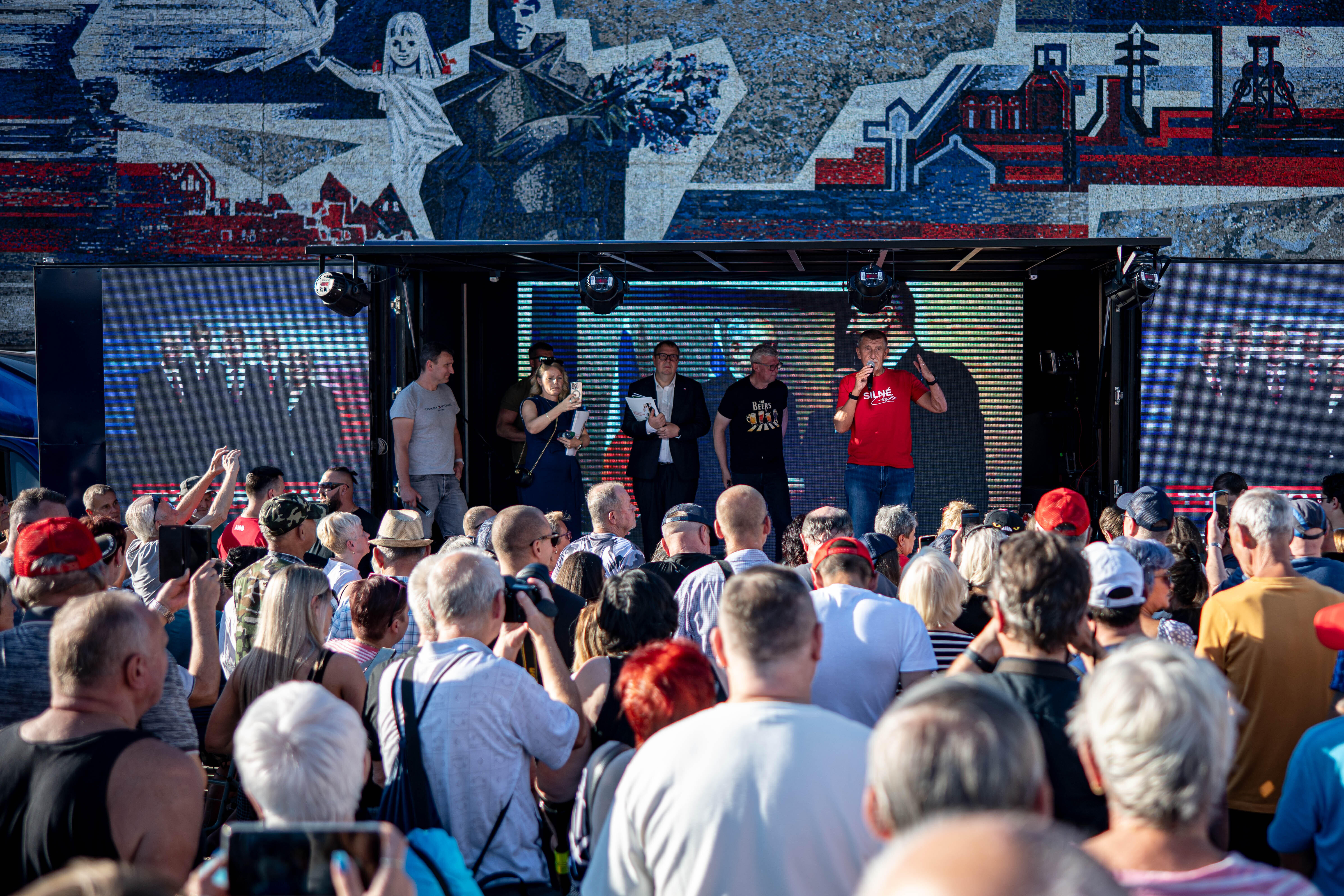 Andrej Babiš, leader of ANO movement greets supporters during an election campaign rally.