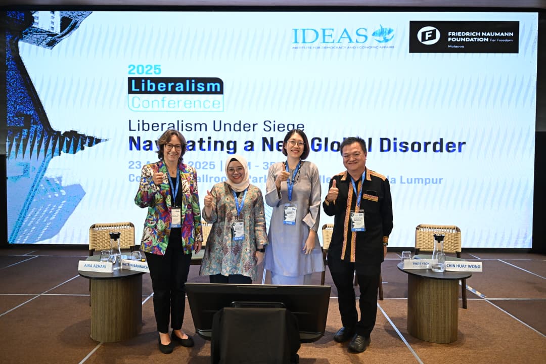 Panellists in IDEAS Liberalism Conference 2025.    From left to right: Katrin Bannach (Project Director, FNF Malaysia and Indonesia); Aira Azhari (Chief Executive Officer, IDEAS Malaysia); Dr. Tricia Yeoh (Associate Professor, University of Nottingham Malaysia); Prof. Chin-Huat Wong (Deputy Head of Strategy, Sunway University).