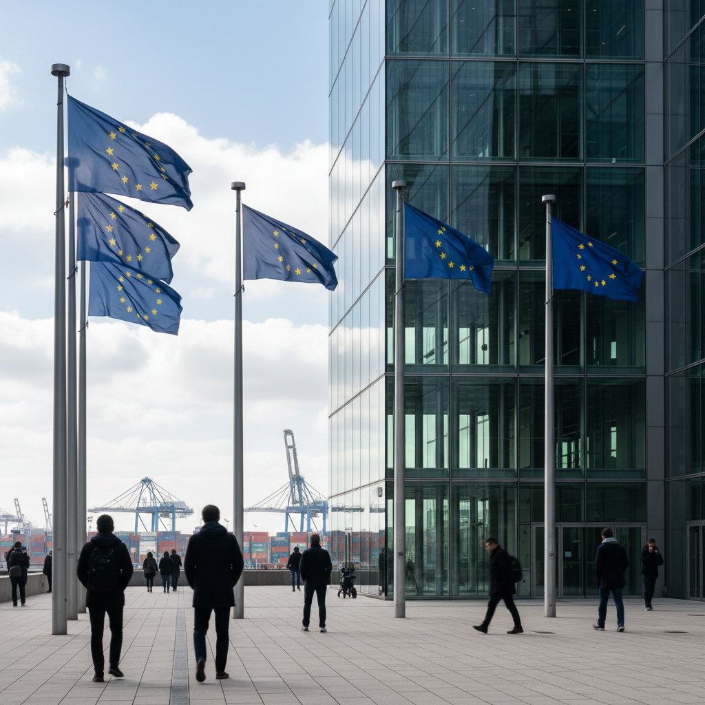 EU‑Flaggen vor modernem Institutionsgebäude in Brüssel, mit subtilen Logistik‑Elementen im Hintergrund.