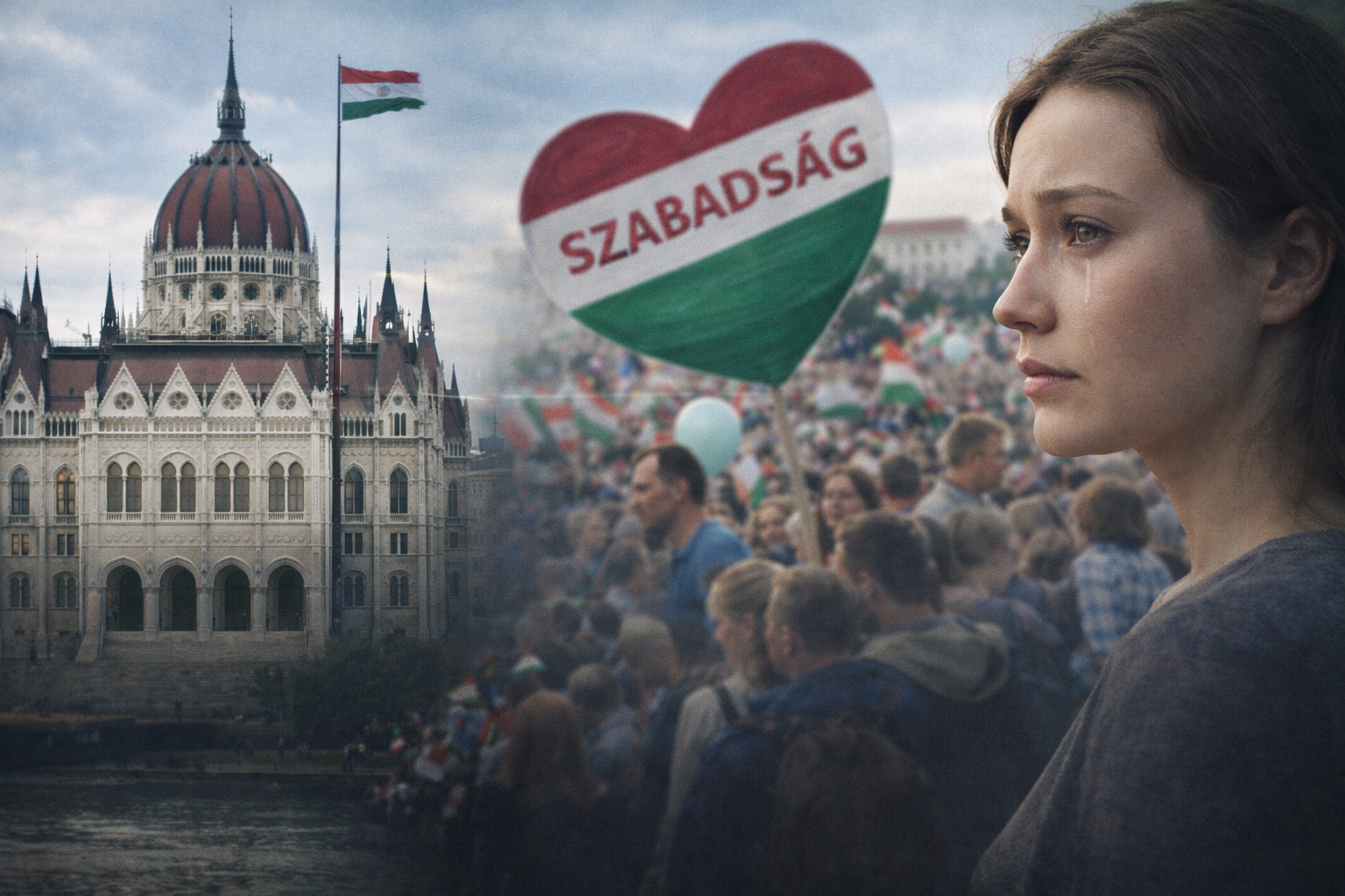 A woman stands in front of the Hungarian Parliament building in Budapest, with a crowd in the background holding a heart-shaped sign reading ‘Szabadság’ (freedom).