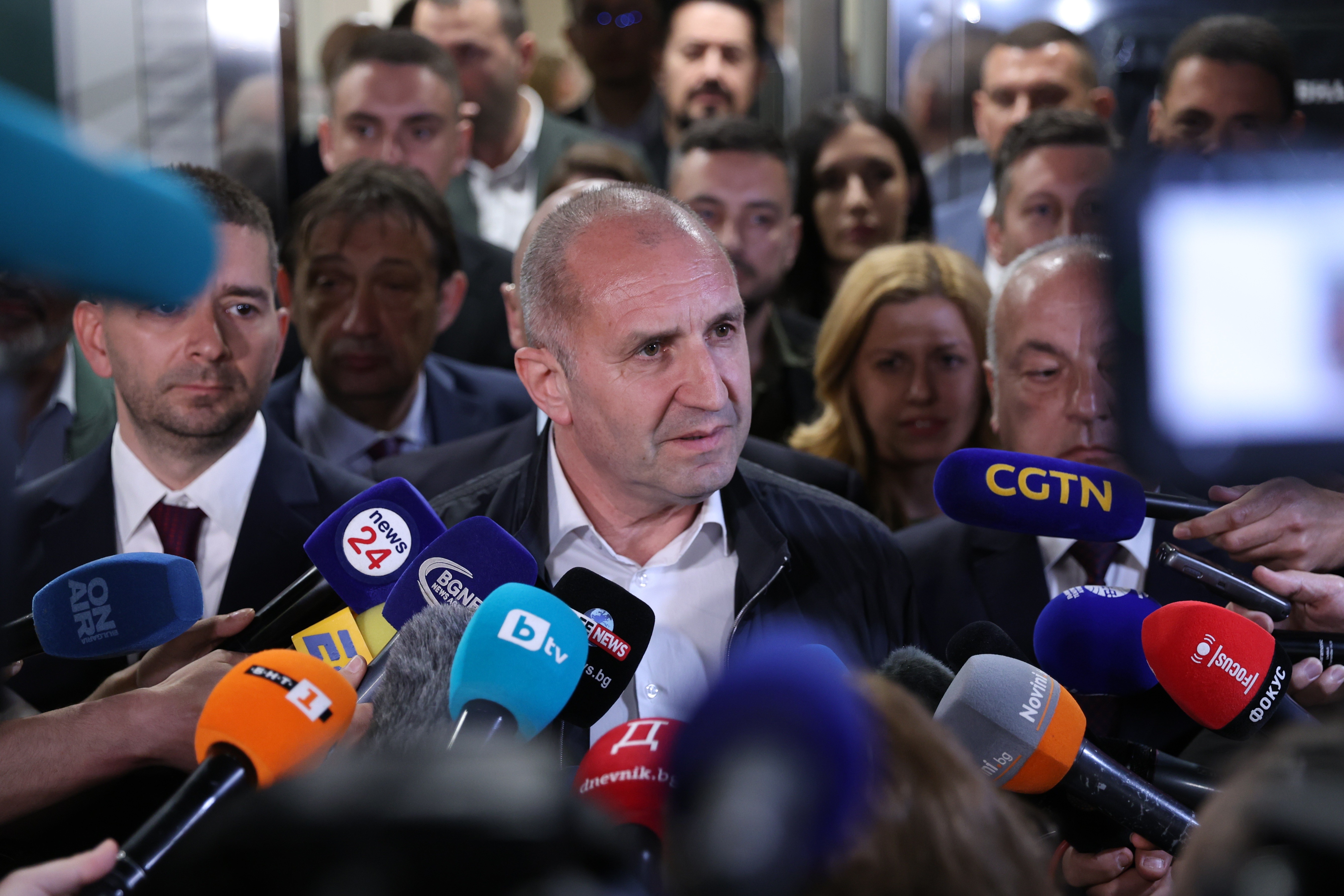 Rumen Radev, Leader of "Progressive Bulgaria" Party addresses the press on election night. 