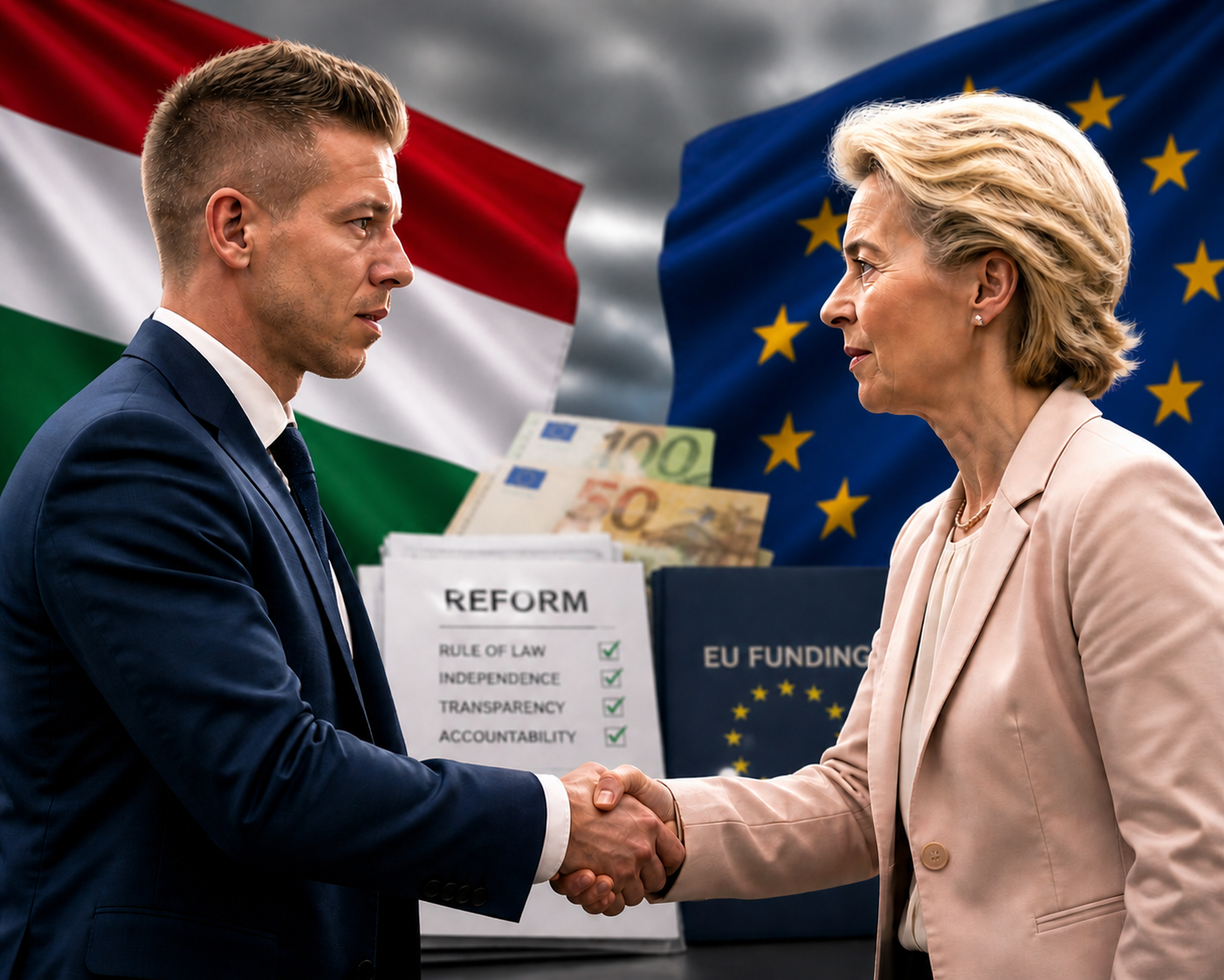 AI-generated illustration (not depicting real individuals) of EU–Hungary negotiations on reforms and funding
