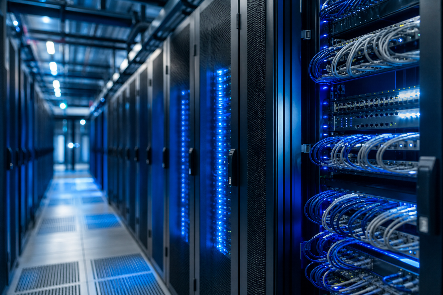 Serverraum mit vernetzten Serverschränken, zahlreichen Kabeln und blauer LED-Beleuchtung.
