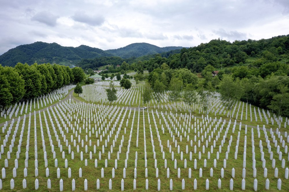 Gravestones are lined up at the memorial cemetery in Potocari, near Srebrenica, Bosnia