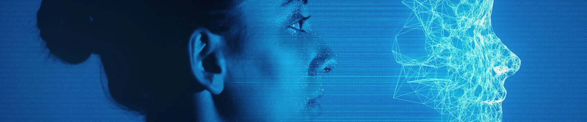 Gendered Disinformation: Side profile of a woman facing a glowing digital wireframe face on a blue, binary-code background. 