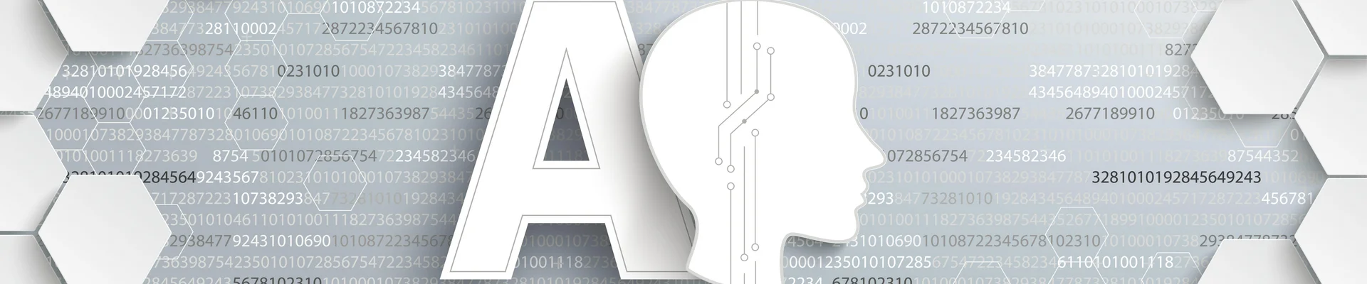 Symbolbild: Abstrakte Darstellung künstlicher Intelligenz mit einem menschlichen Profil und dem Buchstaben „AI“ vor einem Hintergrund aus Binärzahlen und geometrischen Wabenformen.