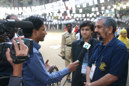 Chair of the Commonwealth Observer Group, gives an interview to media during the Bangladesh general elections.