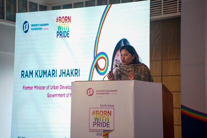 Ram Kumari Jhakri, Member of the House of Representatives, addressing in the Opening Ceremony, Born With Pride Conference 2022