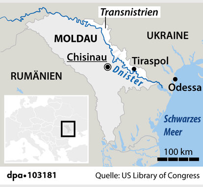 Geografische Darstellung von Transnistrien. Die Moldau-Region grenzt an die Ukraine.