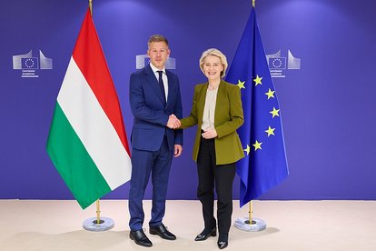 Ursula von der Leyen and Péter Magyar shaking hands in front of EU and Hungarian flags during a meeting in Brussels.