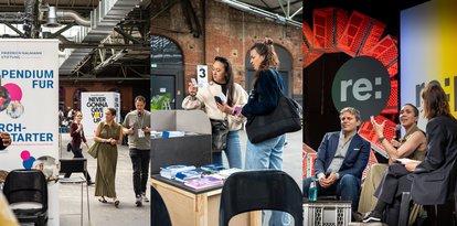 Impressionen von der re:publica in drei Bildern. Linkes Bild: Nicole Büttner läuft über die re:publica. Bild in der Mitte: Interessierte informieren sich am FNF-Stand. Rechtes Bild: Nicole Büttner diskutiert mit Pascal Kaufmann und Céline Nauer