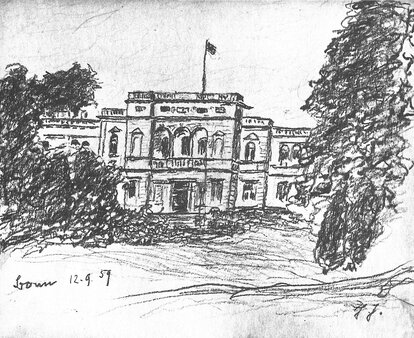 Zeichnung der Villa Hammerschmidt, die Theodor Heuss an einem seiner letzten Amtstage im Jahr 1959 gefertigt hat.