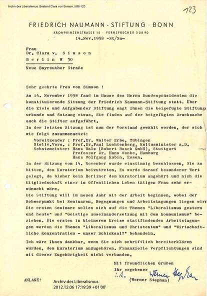 Schreiben der Friedrich-Naumann-Stiftung an C. v. Simson vom 14.11.1958 mit der Bitte, dem Kuratorium beizutreten