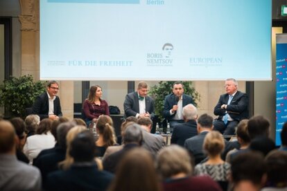 Boris Nemtsov Forum 2017 in Berlin. V.l.n.r. Christopher Gohl, Maria Snegovaya, Konstantin von Eggert, Konstantin Kuhle, Peter Limbourg.