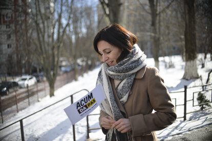 Maia Sandu, leader of the ACUM opposition alliance, leaves after casting her vote in Chisinau, Moldova