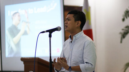 Alfonso Manalastas performs his piece 'Ten easy steps on how to be a Filipino Hero'