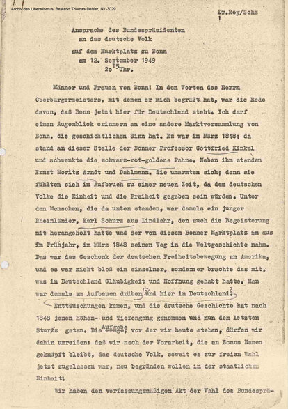 Ansprache von Theodor Heuss auf dem Bonner Marktplatz, Seite 1
