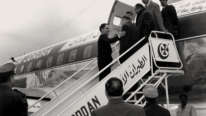 Greetings to a visiting dignitary mayor of Jerusalem upon landing at Jerusalem airport 1960s