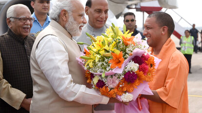 The Prime Minister, Shri Narendra Modi being received by the Governor of Uttar Pradesh, Shri Ram Naik, the Union Home Minister, Shri Rajnath Singh and the Uttar Pradesh Chief Minister designate Yogi Adityanath, on his arrival, at Lucknow, Uttar Pradesh on March 19, 2017.
