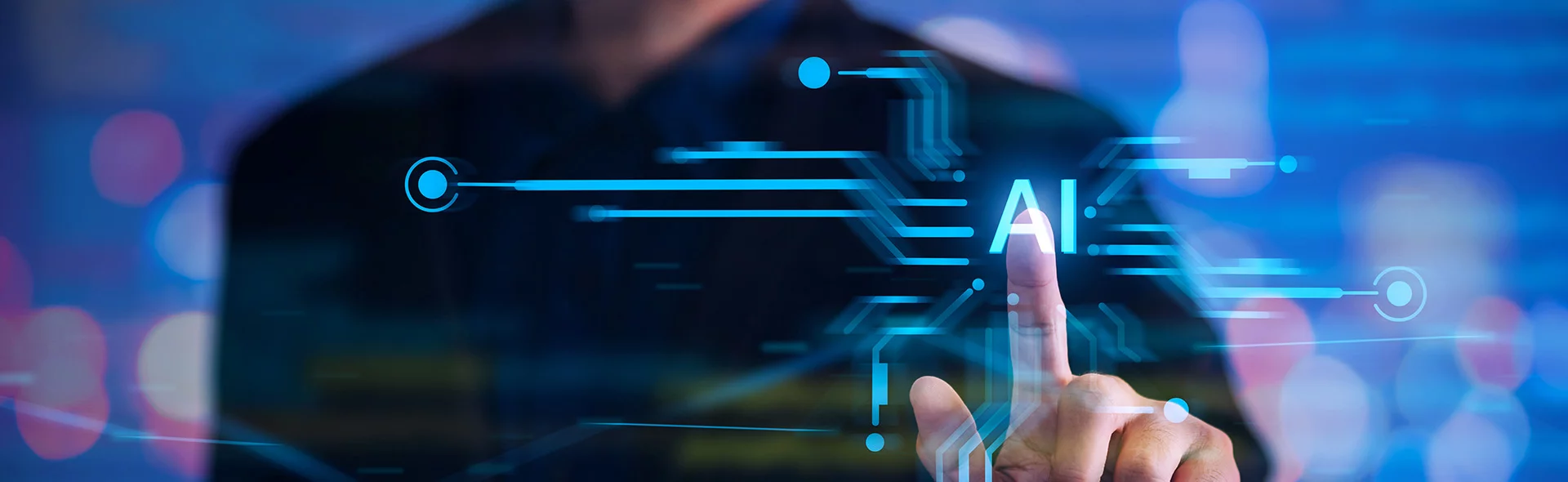 Symbolbild für digitale Transformation: Man sieht, wie ein Mensch mit dem Finger einen Touchdisplay berührt, auf dem AI steht (Artificial Intelligence)