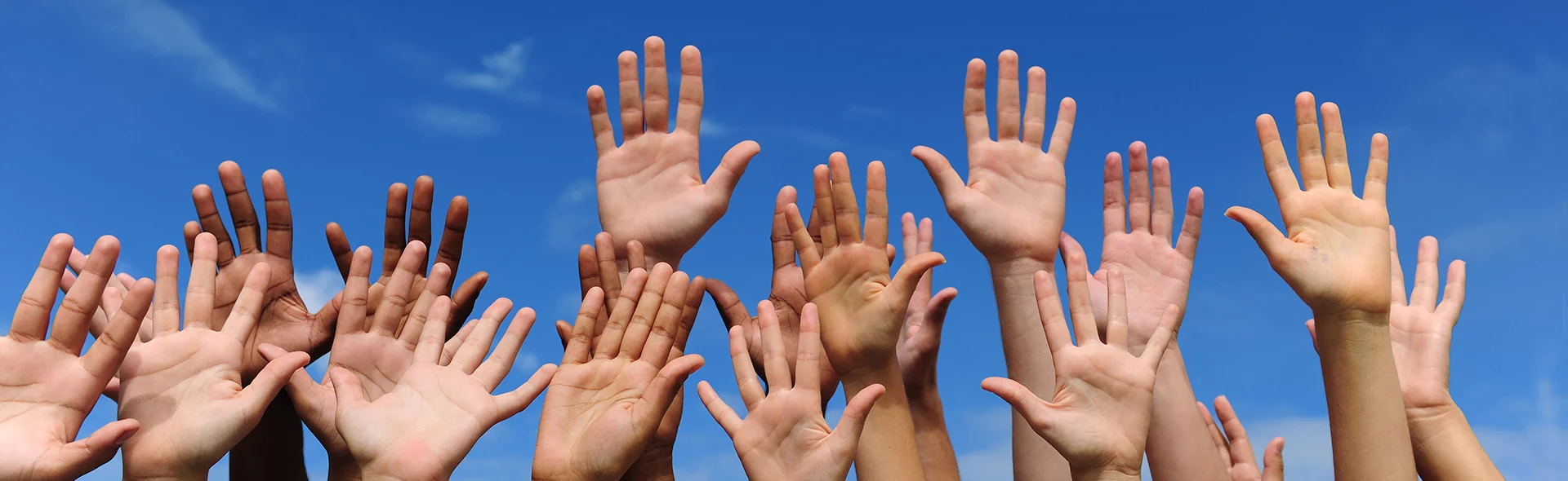 Symbolbild für universelle Menschenrechte: viele unterschiedliche Hände werden in die Luft gehalten