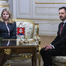 Slovak Prime Minister Eduard Heger meets Slovak President Zuzana Caputova after parliament passed a vote of no confidence in his government at the Presidential Palace in Bratislava