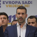 Milojko Spajic, president of the centrist Europe Now party speaks at his headquarters after parliamentary election in Montenegro's capital Podgorica, Sunday, June 11, 2023.