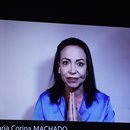 Die venezolanische Oppositionsführerin Maria Corina Machado hält ihre Rede nach der Verleihung des Vaclav-Havel-Preises 2024 in einem Video 