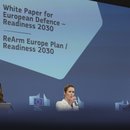 European Union foreign policy chief Kaja Kallas, center, and European Commissioner for Defense and Space Andrius Kubilius, right, address a media conference regarding the White Paper on the Future of European Defense 