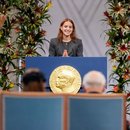 The daughter of the Nobel Peace Prize laureate, Ana Corina Sosa, accepts the award on behalf of her mother, Venezuelan opposition leader Maria Corina Machado, during the Nobel Peace Prize ceremony 