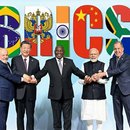 Left to right: Brazilian President Luiz Inacio Lula da Silva, Chinese President Xi Jinping, South African President Cyril Ramaphosa, Indian Prime Minister Narendra Modi and Russian Foreign Minister Sergey Lavrov