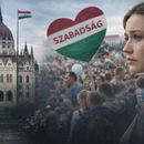 A woman stands in front of the Hungarian Parliament building in Budapest, with a crowd in the background holding a heart-shaped sign reading ‘Szabadság’ (freedom).