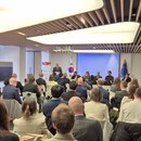 Event at the Delegation of the European Union to the Republic of Korea, showing a panel discussion with many participants.