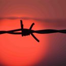 Stacheldraht vor untergehender Sonne als Schattenriss.