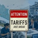Image of cross border trade between Mexico and the US is disrupted by a sign that cries "Attention tariffs ahead!"