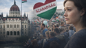 A woman stands in front of the Hungarian Parliament building in Budapest, with a crowd in the background holding a heart-shaped sign reading ‘Szabadság’ (freedom).