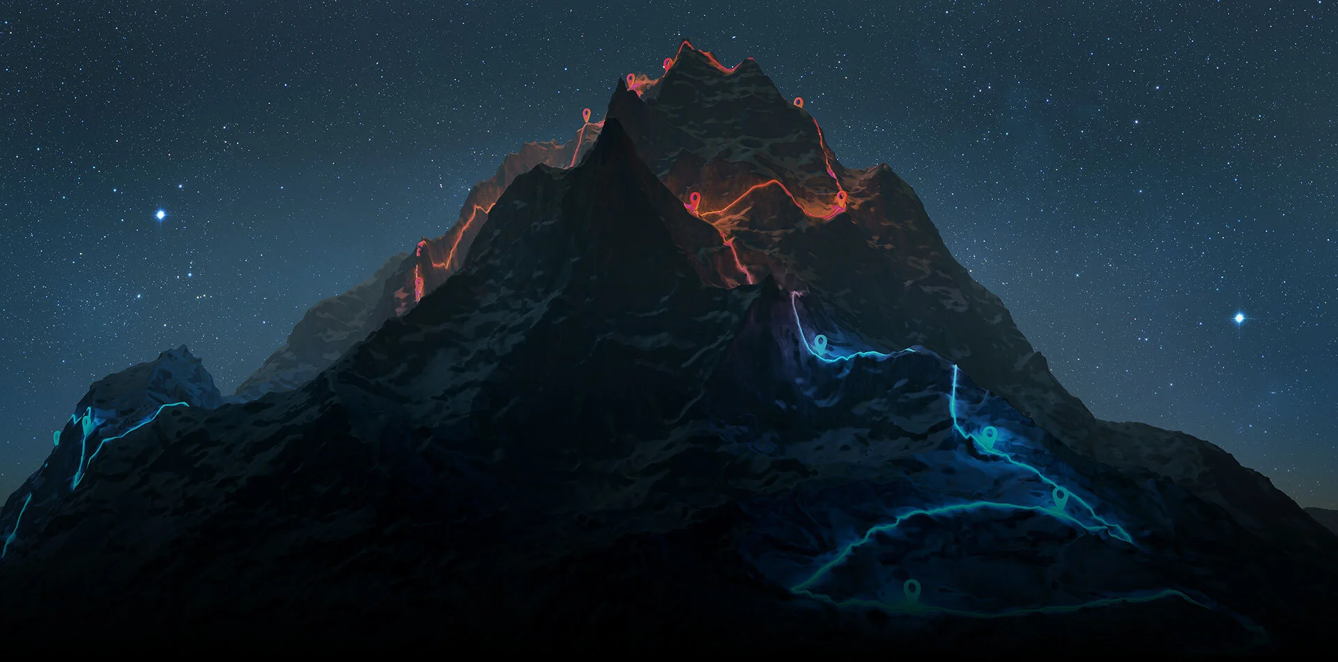 Eine blaue Linie führt den Berg hinauf. 